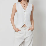 IFOMT Women Vintage Solid Knit Vests V Neck Single Breasted Sleeveless Tank Top 2024 Summer Female Fashion Office Lady Vests