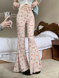 IFOMT Sweet Floral Print Casual Pants for Women Sumemr Slim Fit Ruffles Flare  Y2k E-Girl High Waist Loose Wide Leg