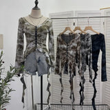IFOMT Wasteland Style Distressed Tie Dye Top Women's V-neck Irregular Ribbon Long Sleeve Short T-shirt Daily Holiday Club Streetwear