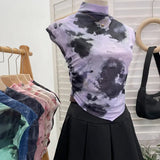 IFOMT Women's Retro Tie Dye Printed Mesh Short Sleeve T-Shirt Chic Sexy Folded Irregular Hot Girl Navel-Baring Vest Top 8721 Outfits