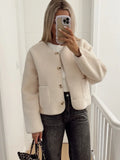 IFOMT 2024 Autumn Single Breasted Lamb Wool Jacket Women O-neck Pockets Buttons Slim Jacket Fashion Lady High Street Outwear