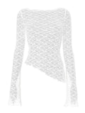 IFOMT Women's Lace Tops Slim See Through Boat Neck Long Sleeve Asymmetrical Shirt Casual Streetwear