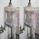 IFOMT Women Retro Ink Print Tie Dye See Through Mesh Long Sleeve Top Sexy One Shoulder Irregular Ruffled Top Y2k PartyClub StreetWear