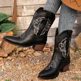 IFOMT  Black Embroidery Western Cowboy Boots Women Plus Size Thick Heels Ankle Boots Woman Pointed Toe Slip On Short Booties