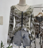 IFOMT Wasteland Style Distressed Tie Dye Top Women's V-neck Irregular Ribbon Long Sleeve Short T-shirt Daily Holiday Club Streetwear