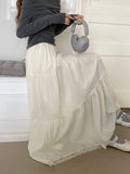 Ifomt White Black Long Skirt Women Crochet Lace Maxi Skirt 2023 Goth Lolita Summer High Waisted Pleated Skirts rok