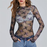 IFOMT Chic Sheer Tops for Women Long Sleeve Mock Neck Lace Mesh Top Sexy See Through Floral Tee Shirt Layering Blouse Y2k Streetwear