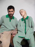 IFOMT Retro Lattice Color Block POLO Collar Knit Cardigan For Women Button Casual Loose Sweater Outwear 2024 New