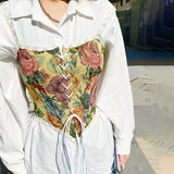 IFOMT Women Y2k Vintage Floral Print Vest Sexy Bodycon Boat Neck Jacquard Camisole Flounce Irregular Suspender Corset Tops