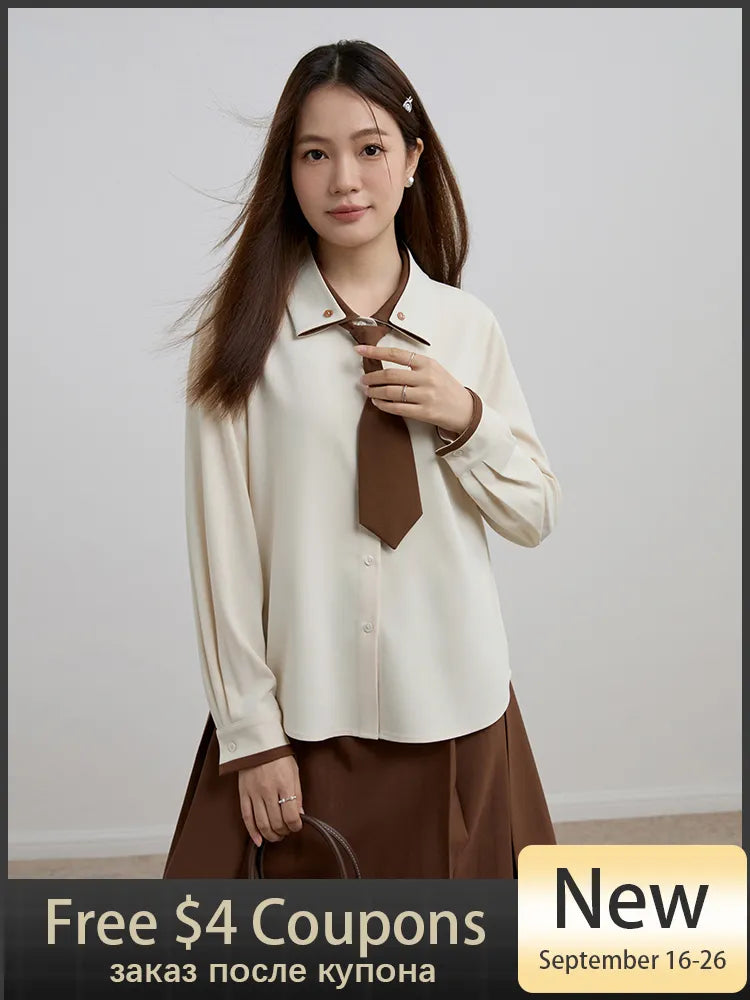 Ifomt Fun Contrasting Colors Origami Collar Tie Shirt for Female Design Sense All-match Fitted Shirt Top Women Winter New