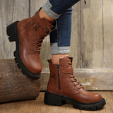 IFOMT  Belt Buckle Platform Combat Boots Women Chunky Heels Lace Up Ankle Boots Woman Side Zipper PU Leather Short Booties Plus Size 43