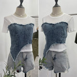 IFOMT Women Vintage Sexy See Throgh Top Y2K Top Washed Raw Edge Denim Pacthwork Mesh Short Sleeve Shirt Casual Holiday Club Streetwear