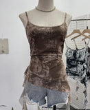 IFOMT Women's Wasteland Style Chic Lettering Tie-Dye Printed Mesh Top Hot Girl Irregular Ribbon Adjustable Spaghetti StrapsTank Top