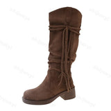 IFOMT Women Suede Knee High Boots New Fashion Tassels Western Cowboy Boots Round Toe High Heels Shoes Roman Female Long Boots