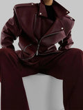 IFOMT Vintage Red Irregular Zipper Pu Leather Jacket For Women Lapel Buttons Patchwork Long Sleeve Coat Autumn Winter Female Outwear