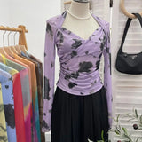 IFOMT Retro Tie Dye Print Halter Neck Bottoming Long Sleeve Top Sexy Hot Girl V Neck Pleated T-shirt Slim Mesh Y2K Top Essential 8929