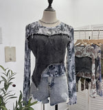 IFOMT Women Raw Edge Denim Spliced Tie-Dye Mesh Irregular T-Shirt Vintage Sexy See Throgh Top Y2K Top Casual Holiday Club Streetwear