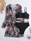 IFOMT 2024 New 3 Pieces Set High Waist Bikini Women Swimsuit&Kimono Bandeau Swimwear Sexy Cover Ups Floral Beachwear Bathing Suit