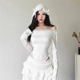 IFOMT Fashion Sexy Off Shoulder Lace White Bodysuit Y2k Hooded Long Sleeved T-shirt for Women 2024 Summer New Slim Fit Tops Mujer