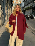 IFOMT Women's Burgundy Scarf Collar Short Woolen Coats Elegant Single Breasted With Pockets Jackets With New Female Street Outerwear