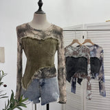 IFOMT Women Raw Edge Denim Spliced Tie-Dye Mesh Irregular T-Shirt Vintage Sexy See Throgh Top Y2K Top Casual Holiday Club Streetwear
