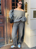 IFOMT Irregular Ribbed Knit Pullover Sweater For Women Off-Shoulder Long Sleeve Loose Fashion Streetwear Casual Autumn Sweater