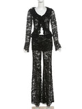 IFOMT Women's Lace Long Pant Sets Sexy See Through Slim Cardigan Top High Waist Trousers Female Fashion Matching Sets Autumn