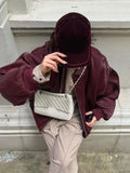 IFOMT Elegant Women Pleated Pu Leather Lapel Jacket Oversize Long Sleeve Zipper Short Coat 2024 Autumn Lady High Street Outwear