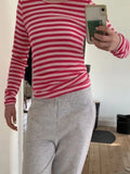 IFOMT Y2K Cottage Tops Women's Knitted T-Shirts Striped Contrast Color Slim Fit Long Sleeve Round Neck Casual Tops