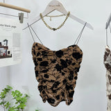 IFOMT Women Retro Tie Dye Printed Spaghetti Strap Camisole Sexy Mesh Pleated Short Tube Top With Breast Pads Sleeveless Casual Y2K Top