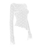 IFOMT Women's Lace Tops Slim See Through Boat Neck Long Sleeve Asymmetrical Shirt Casual Streetwear
