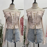IFOMT Women's Retro Tie Dye Lace Up Waist-baring Short Top Sexy One Shoulder Mesh Trumpet Long Sleeve Top y2k PartyClub StreetWear