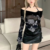 IFOMT Korean Sexy Halter Off Shoulder T-shirts Spring Autumn New Slim Fit Print Black Tee Shirt Y2k Grunge Long Sleeve Tops Women