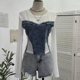 IFOMT Women Street Raw Edge Denim Spliced Solid Mesh Long SLeeve T-Shirt Chic Sexy See Throgh Top Irregular Y2K Top Casual Holiday2633