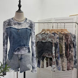 IFOMT Women Raw Edge Denim Spliced Tie-Dye Mesh Irregular T-Shirt Vintage Sexy See Throgh Top Y2K Top Casual Holiday Club Streetwear