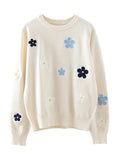 IFOMT Floral Embroidery Round Neck Knitted Pullover