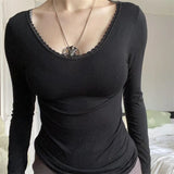 IFOMT Women Y2k Chic Long Sleeve Bow Shirt Top Cute Lace Trim Solid Square Neck Crop Tee Top Slim Fit Pullovers Tops Grunge Streetwear