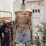 IFOMT See Through Retro Graffiti Print One Shoulder Mesh Long Sleeve Layered Shirt  For Women Drawstring Slim Fit Tshirt Y2K Top 8959