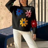 IFOMT Crochet Flower Pullover Knitted Sweater Women's Fashion Loose Lantern Long Sleeve Embroidery Knit Top Streetwear Fashion