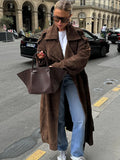 Retro Brown Suede Leather Overcoats Women Fashion Single-breasted With Belt Long Coats 2024 Winter Street Commute Outerwear ﻿