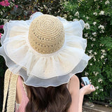 IFOMT Summer Lace Pearl Straw Hat for Women Children Korea Cute Large Brim Sun Hat Sweet Sunscreen Casual Cap Holiday Beach Cap