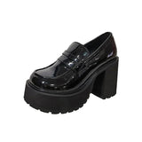 IFOMT  Chunky Platform Loafers Heel Patent Leather Slip On Casual Shoes Women Lady Office Shoes Japanese Lolita Black Heels