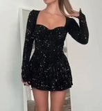 IFOMT  Fashion Sexy 2024 Winter Square Collar Sequins Black Dress Women Long Sleeve High Waist A-line Shiny Evening Party Short Dresses