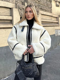 IFOMT Fashion Pu Leather Patchwork Lamb Wool Jacket Women Casual Long Sleeves Zipper Loose Short Coat 2024 New Female High Streetwear