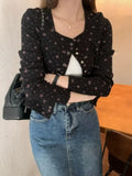 IFOMT Korean Simple Floral O-neck Women Cardigan 2024 New Long Sleeve Black Tops Mujer Y2k E-Girl Slim Fit Single Breasted Coats