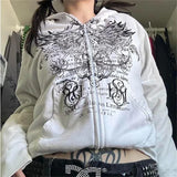 IFOMT hirigin Gothic Sweatshirt Women y2k Clothes Graphic Print Zip Up Long Sleeve Tops with Pockets Fairy Grunge Hoodie Streetwear