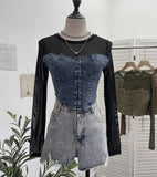 IFOMT Retro Raw Edge Denim Lace Up Pacthwork Mesh Long Sleeve Shirt Women Sexy See Through Top Y2k Shirt Holiday Club Streetwear 2638