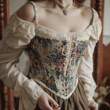 IFOMT Women Y2k Vintage Floral Print Vest Sexy Bodycon Boat Neck Jacquard Camisole Flounce Irregular Suspender Corset Tops