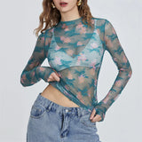 IFOMT Chic Sheer Tops for Women Long Sleeve Mock Neck Lace Mesh Top Sexy See Through Floral Tee Shirt Layering Blouse Y2k Streetwear