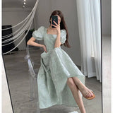IFOMT Spring Outfit Korea  Jacquard Midi Dress Women Short Puff Sleeves Square Collar Floral Dresses Elegant Dress 20224 Summer
